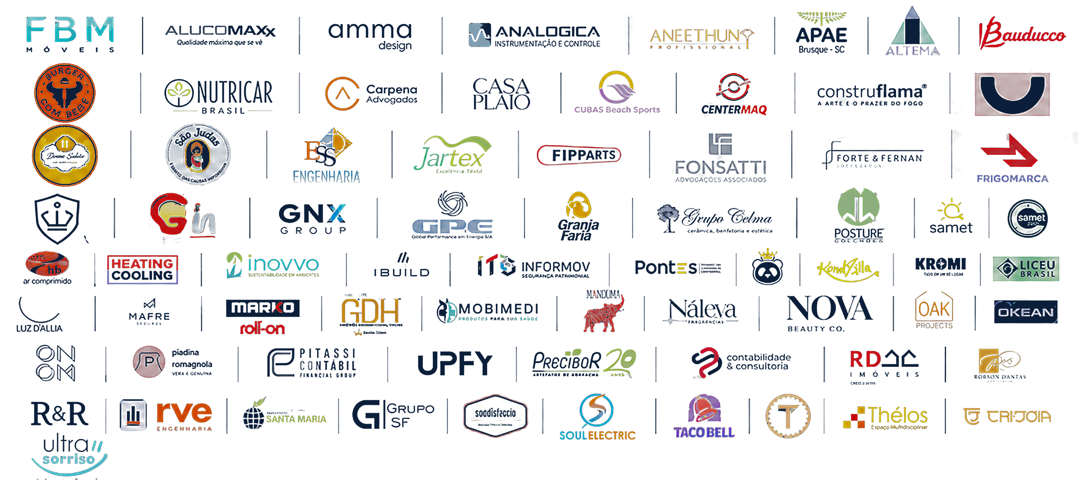 Logotipos de empresas clientes atendidas pela RHF Talentos